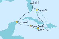 Visitando Puerto Cañaveral (Florida), Cozumel (México), Gran Caimán (Islas Caimán), Ocho Ríos (Jamaica), Great Stirrup Cay (Bahamas), Puerto Cañaveral (Florida)