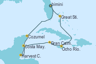Visitando Puerto Cañaveral (Florida), Cozumel (México), Harvest Caye (Belize), Costa Maya (México), Gran Caimán (Islas Caimán), Ocho Ríos (Jamaica), Great Stirrup Cay (Bahamas), Puerto Cañaveral (Florida)