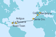 Visitando La Romana (República Dominicana), Road Town (Isla Tórtola/Islas Vírgenes), Antigua (Antillas), Santa Cruz de Tenerife (España), Cádiz (España), Barcelona