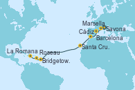 Visitando Savona (Italia), Marsella (Francia), Barcelona, Cádiz (España), Santa Cruz de Tenerife (España), Bridgetown (Barbados), Roseau (Dominica), La Romana (República Dominicana)
