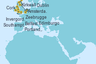 Visitando Ámsterdam (Holanda), Zeebrugge (Bruselas), Edimburgo (Escocia), Invergordon (Escocia), Kirkwall (Escocia), Belfast (Irlanda), Dublin (Irlanda), Cork (Irlanda), Portland, Dorset (Reino Unido), Southampton (Inglaterra)
