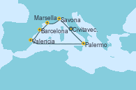 Visitando Civitavecchia (Roma), Savona (Italia), Marsella (Francia), Barcelona, Valencia, Palermo (Italia), Civitavecchia (Roma)