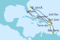 Visitando Miami (Florida/EEUU), San Juan (Puerto Rico), San Bartolomé (Francia), Terre-de-Haut (Guadalupe), St. John´s (Antigua y Barbuda), Basseterre (Antillas), Jost Van Dyke (Islas Virgenes), Miami (Florida/EEUU)