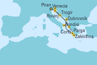 Visitando Venecia (Italia), Rovinj (Croacia), Corfú (Grecia), Zakinthos (Grecia), Parga (Grecia), Brindisi (Italia), Dubrovnik (Croacia), Trogir (Croacia), Piran (Eslovenia), Venecia (Italia)