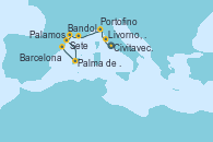 Visitando Civitavecchia (Roma), Livorno, Pisa y Florencia (Italia), Portofino (Italia), Bandol (Francia), Sete (Francia), Palamos (Gerona/España), Palma de Mallorca (España), Barcelona