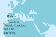 Visitando Lisboa (Portugal), Casablanca (Marruecos), Arrecife (Lanzarote/España), Santa Cruz de Tenerife (España), Puerto de la Estaca (El Hierro/Canarias), Las Palmas de Gran Canaria (España)