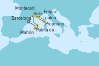 Visitando Barcelona, Palma de Mallorca (España), Mahón (Menorca/España), Sete (Francia), Toulon (Francia), Frejus (Francia), Propriano (Córcega), Montecarlo (Mónaco)