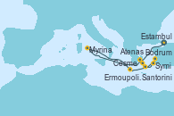 Visitando Estambul (Turquía), Myrina (Grecia), Cesme (Turquía), Bodrum (Turquia), Symi (Grecia), Santorini (Grecia), Ermoupolis (Islas Cícladas/Grecia), Atenas (Grecia)