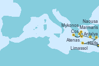 Visitando Haifa (Israel), Limassol (Chipre), Antalya (Turquía), Marmaris (Turquía), Cos (Grecia), Mykonos (Grecia), Naousa (Nisos Paros/Grecia), Atenas (Grecia)