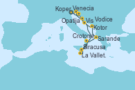 Visitando Venecia (Italia), Opatija (Croacia), Vis (Croacia), La Valletta (Malta), Siracusa (Sicilia), Crotone (Italia), Sarande (Albania), Kotor (Montenegro), Vodice (Croacia), Koper (Eslovenia), Venecia (Italia)