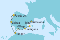 Visitando Barcelona, Ibiza (España), Cartagena (Murcia), Málaga, Tánger (Marruecos), Puerto Leixões (Portugal), Lisboa (Portugal)