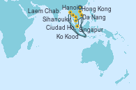 Visitando Hong Kong (China), Hanoi (Vietnam), Da Nang (Vietnam), Ciudad Ho Chi Minh (Vietnam), Ciudad Ho Chi Minh (Vietnam), Sihanoukville (Camboya), Ko Kood (Tailandia), Laem Chabang (Bangkok/Thailandia), Singapur