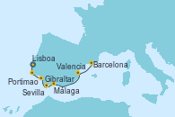 Visitando Lisboa (Portugal), Portimao (Portugal), Sevilla (España), Sevilla (España), Sevilla (España), Gibraltar (Inglaterra), Málaga, Valencia, Valencia, Barcelona