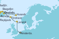 Visitando Ámsterdam (Holanda), Lerwick (Escocia), Tórshavn (Dinamarca), Seydisfjordur (Islandia), Husavik (Islandia), Akureyri (Islandia), Akureyri (Islandia), Skagafjordur, Islandia, Ísafjörður (Islandia), Reykjavik (Islandia), Reykjavik (Islandia)