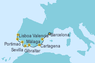 Visitando Barcelona, Valencia, Cartagena (Murcia), Málaga, Gibraltar (Inglaterra), Sevilla (España), Sevilla (España), Sevilla (España), Portimao (Portugal), Lisboa (Portugal)