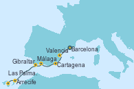 Visitando Barcelona, Valencia, Cartagena (Murcia), Málaga, Gibraltar (Inglaterra), Arrecife (Lanzarote/España), Las Palmas de Gran Canaria (España)