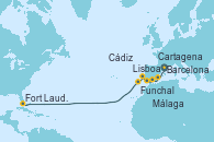 Visitando Barcelona, Cartagena (Murcia), Málaga, Cádiz (España), Lisboa (Portugal), Funchal (Madeira), Fort Lauderdale (Florida/EEUU)