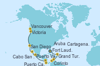 Visitando Fort Lauderdale (Florida/EEUU), Grand Turks(Turks & Caicos), Aruba (Antillas), Cartagena de Indias (Colombia), Puerto Caldera (Costa Rica), Corinto (Nicaragua), Puerto Vallarta (México), Cabo San Lucas (México), San Diego (California/EEUU), Victoria (Canadá), Vancouver (Canadá)