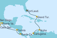 Visitando Fort Lauderdale (Florida/EEUU), Grand Turks(Turks & Caicos), Aruba (Antillas), Cartagena de Indias (Colombia), Puerto Caldera (Costa Rica), Corinto (Nicaragua), Puerto Vallarta (México), Cabo San Lucas (México), San Diego (California/EEUU)