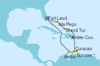 Visitando Fort Lauderdale (Florida/EEUU), Isla Pequeña (San Salvador/Bahamas), Grand Turks(Turks & Caicos), Amber Cove (República Dominicana), Curacao (Antillas), Bonaire (Países Bajos), Aruba (Antillas), Fort Lauderdale (Florida/EEUU)