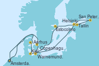 Visitando Ámsterdam (Holanda), Copenhague (Dinamarca), Warnemunde (Alemania), Tallin (Estonia), San Petersburgo (Rusia), San Petersburgo (Rusia), Helsinki (Finlandia), Estocolmo (Suecia), Kiel (Alemania), Aarhus (Dinamarca), Ámsterdam (Holanda)