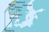 Visitando Ámsterdam (Holanda), Eidfjord (Hardangerfjord/Noruega), Aalesund (Noruega), Geiranger (Noruega), Bergen (Noruega), Ámsterdam (Holanda), Oslo (Noruega), Kristiansand (Noruega), Stavanger (Noruega), Flam (Noruega), Ámsterdam (Holanda)