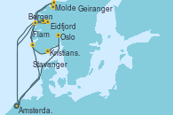 Visitando Ámsterdam (Holanda), Eidfjord (Hardangerfjord/Noruega), Molde (Noruega), Geiranger (Noruega), Bergen (Noruega), Ámsterdam (Holanda), Oslo (Noruega), Kristiansand (Noruega), Stavanger (Noruega), Flam (Noruega), Ámsterdam (Holanda)