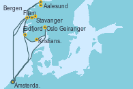 Visitando Ámsterdam (Holanda), Oslo (Noruega), Kristiansand (Noruega), Stavanger (Noruega), Flam (Noruega), Ámsterdam (Holanda), Eidfjord (Hardangerfjord/Noruega), Aalesund (Noruega), Geiranger (Noruega), Bergen (Noruega), Ámsterdam (Holanda)