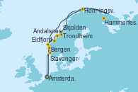 Visitando Ámsterdam (Holanda), Eidfjord (Hardangerfjord/Noruega), Skjolden (Noruega), Andalsnes (Noruega), Trondheim (Noruega), Hammerfest (Noruega), Honningsvag (Noruega), Bergen (Noruega), Stavanger (Noruega), Ámsterdam (Holanda)