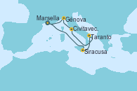 Visitando Marsella (Francia), Siracusa (Sicilia), Taranto (Italia), Civitavecchia (Roma), Génova (Italia), Marsella (Francia)