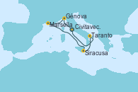 Visitando Civitavecchia (Roma), Génova (Italia), Marsella (Francia), Siracusa (Sicilia), Taranto (Italia), Civitavecchia (Roma)