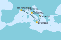 Visitando Génova (Italia), Marsella (Francia), Siracusa (Sicilia), Taranto (Italia), Civitavecchia (Roma), Génova (Italia)