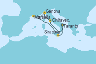 Visitando Taranto (Italia), Civitavecchia (Roma), Génova (Italia), Marsella (Francia), Siracusa (Sicilia), Taranto (Italia)