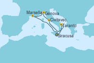 Visitando Siracusa (Sicilia), Taranto (Italia), Civitavecchia (Roma), Génova (Italia), Marsella (Francia), Siracusa (Sicilia)