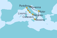 Visitando Ravenna (Italia), Ravenna (Italia), Kotor (Montenegro), Messina (Sicilia), Nápoles (Italia), Portofino (Italia), Livorno, Pisa y Florencia (Italia), Civitavecchia (Roma)