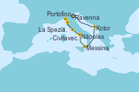 Visitando Ravenna (Italia), Ravenna (Italia), Kotor (Montenegro), Messina (Sicilia), Nápoles (Italia), Portofino (Italia), La Spezia, Florencia y Pisa (Italia), Civitavecchia (Roma)