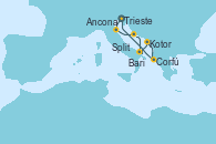 Visitando Trieste (Italia), Ancona (Italia), Split (Croacia), Bari (Italia), Kotor (Montenegro), Corfú (Grecia), Trieste (Italia)