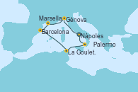 Visitando Nápoles (Italia), Génova (Italia), Marsella (Francia), Barcelona, La Goulette (Tunez), Palermo (Italia), Nápoles (Italia)