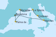 Visitando Barcelona, Palma de Mallorca (España), Marsella (Francia), La Spezia, Florencia y Pisa (Italia), Civitavecchia (Roma), Nápoles (Italia), Barcelona