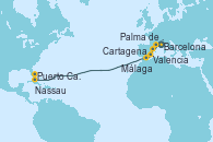 Visitando Barcelona, Palma de Mallorca (España), Valencia, Cartagena (Murcia), Málaga, Nassau (Bahamas), Puerto Cañaveral (Florida)