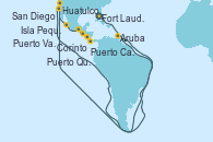 Visitando Fort Lauderdale (Florida/EEUU), Isla Pequeña (San Salvador/Bahamas), Aruba (Antillas), Puerto Caldera (Costa Rica), Corinto (Nicaragua), Puerto Quetzal (Guatemala), Huatulco (México), Puerto Vallarta (México), San Diego (California/EEUU)