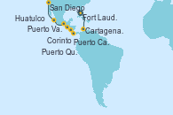 Visitando Fort Lauderdale (Florida/EEUU), Cartagena de Indias (Colombia), Puerto Caldera (Costa Rica), Corinto (Nicaragua), Puerto Quetzal (Guatemala), Huatulco (México), Puerto Vallarta (México), San Diego (California/EEUU)