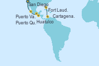Visitando San Diego (California/EEUU), Puerto Vallarta (México), Huatulco (México), Puerto Quetzal (Guatemala), Cartagena de Indias (Colombia), Fort Lauderdale (Florida/EEUU)