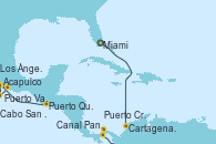 Visitando Miami (Florida/EEUU), Cartagena de Indias (Colombia), Canal Panamá, Puerto Cristóbal (Panamá), Puerto Cristóbal (Panamá), Puerto Quetzal (Guatemala), Acapulco (México), Puerto Vallarta (México), Cabo San Lucas (México), Los Ángeles (California)