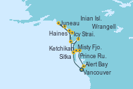 Visitando Vancouver (Canadá), Ketchikan (Alaska), Sitka (Alaska), Hubbard Glacier, Alaska, Inian Islands (Alaska/Usa), Icy Strait Point (Alaska), Haines (Alaska), Juneau (Alaska), Fiordo Tracy Arm (Alaska), Wrangell (Alaska), Misty Fjords (CRUCERO), Prince Rupert (Canadá), Alert Bay (Canada), Vancouver (Canadá)