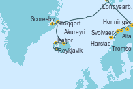 Visitando Reykjavik (Islandia), Ísafjörður (Islandia), Akureyri (Islandia), Scoresby Sund (Groenlandia), Ittoqqortoormiit (Groenlandia), Longyearbyen (Noruega), Longyearbyen (Noruega), Honningsvag (Noruega), Alta (Noruega), Harstad (Noruega), Svolvaer (Lofoten/Noruega), Tromso (Noruega)