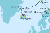 Visitando Reykjavik (Islandia), Ísafjörður (Islandia), Akureyri (Islandia), Scoresby Sund (Groenlandia), Ittoqqortoormiit (Groenlandia), Longyearbyen (Noruega), Longyearbyen (Noruega), Honningsvag (Noruega), Alta (Noruega), Svolvaer (Lofoten/Noruega), Tromso (Noruega)