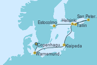Visitando Copenhague (Dinamarca), Warnemunde (Alemania), Karlskrona (Suecia), Klaipeda (Lituania), Helsinki (Finlandia), San Petersburgo (Rusia), San Petersburgo (Rusia), Tallin (Estonia), Estocolmo (Suecia)