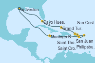 Visitando Galveston (Texas), Cayo Hueso (Key West/Florida), Grand Turks(Turks & Caicos), San Juan (Puerto Rico), Saint Thomas (Islas Vírgenes), San Cristóbal y Nieves, Philipsburg (St. Maarten), Saint Croix (Islas Vírgenes), Montego Bay (Jamaica), Galveston (Texas)
