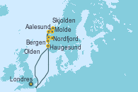 Visitando Londres (Reino Unido), Bergen (Noruega), Aalesund (Noruega), Molde (Noruega), Nordfjordeid, Olden (Noruega), Skjolden (Noruega), Haugesund (Noruega), Londres (Reino Unido)